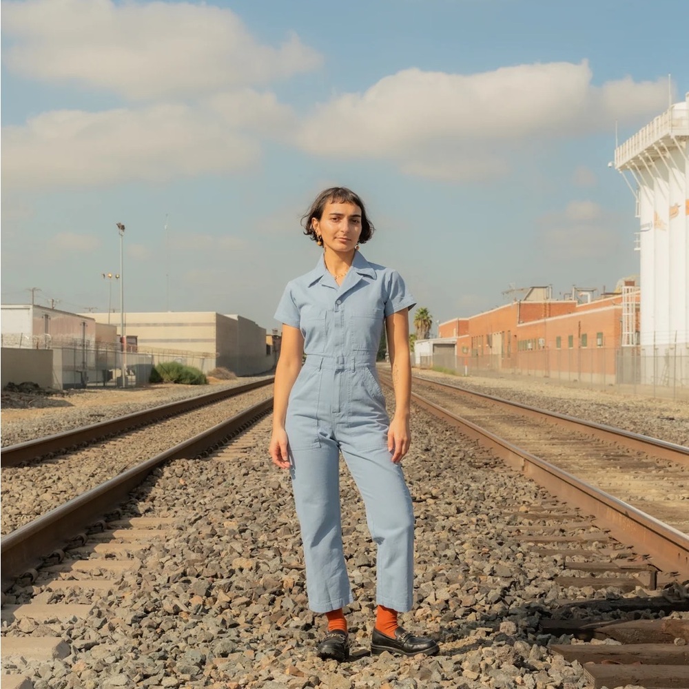 Big Bud Press periwinkle short sleeve Jumpsuit (petite) - Picture 2 of 7